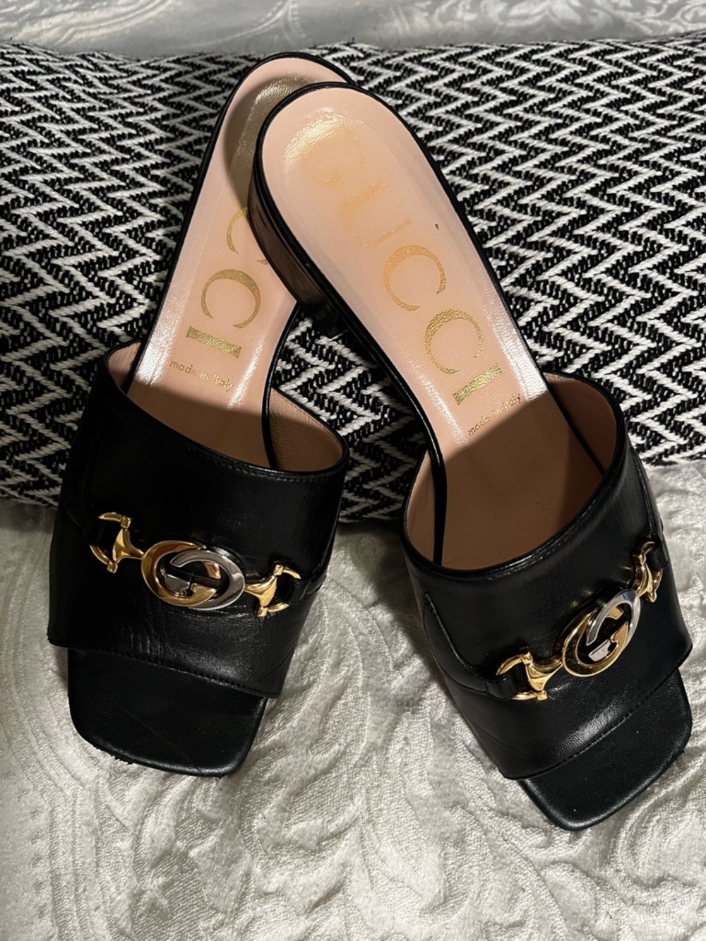 Gucci Black Leather Gold Horsebit Mules